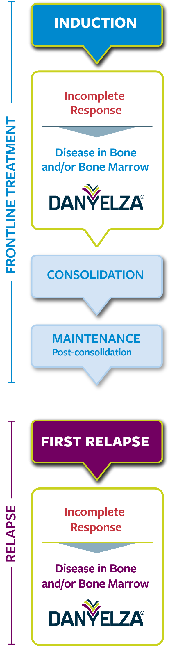 Diagram showing when to consider DANYELZA: both at incomplete response to inducNon therapy, and at incomplete response to relapse therapy
