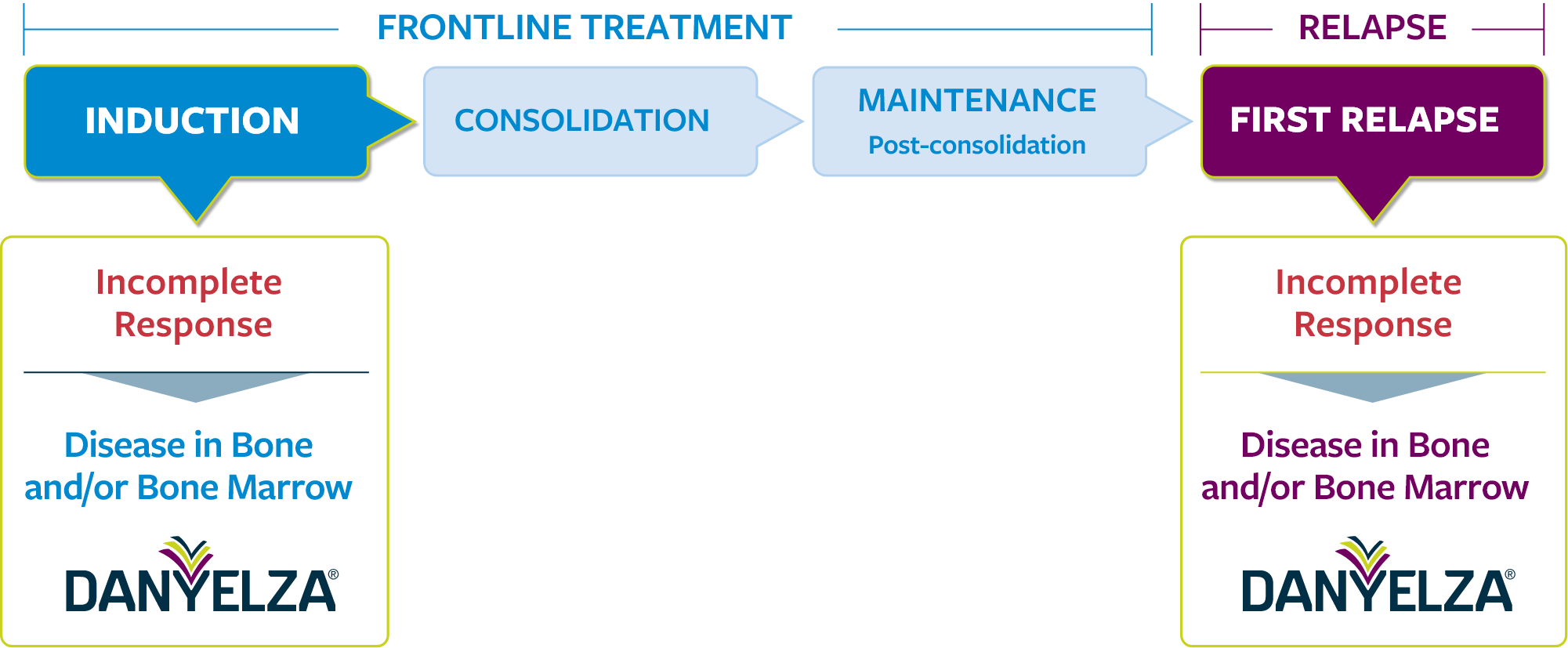 Diagram showing when to consider DANYELZA: both at incomplete response to inducNon therapy, and at incomplete response to relapse therapy